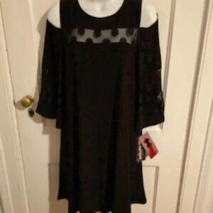 Nina Leonard Black Lace Cold Shoulder Dress with 3/4 Bell Sleeves, Small…